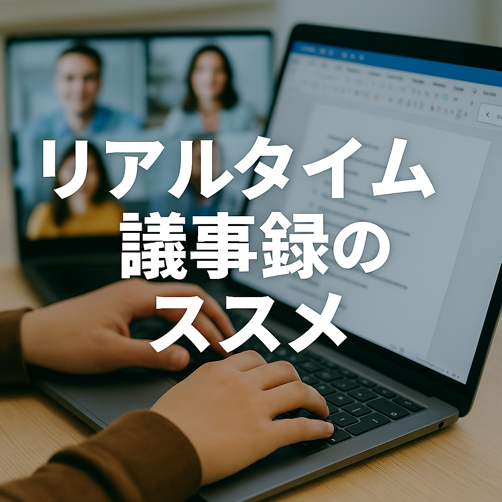 リモート会議中にリアルタイムで議事録を入力している様子と「リアルタイム議事録のススメ」の文字